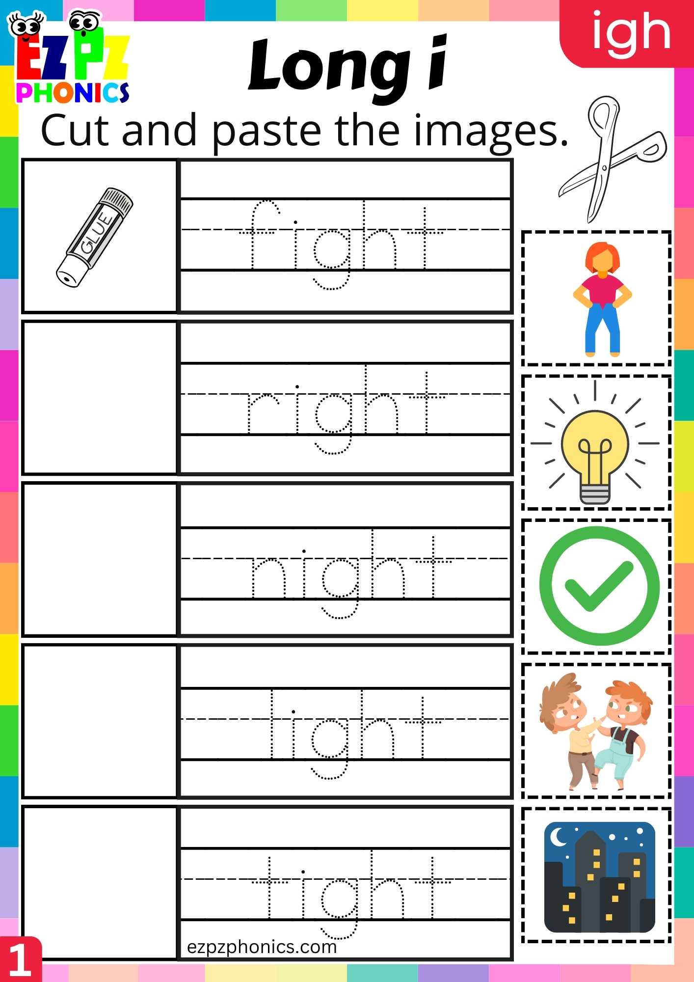 IGH Words Cut And Paste The Images Long I Phonics Worksheet